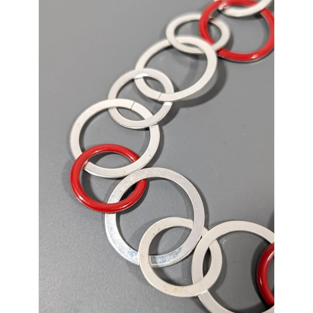 Modernist Silver Tone Red Round Chain Link Long‎ Necklace Statement 32